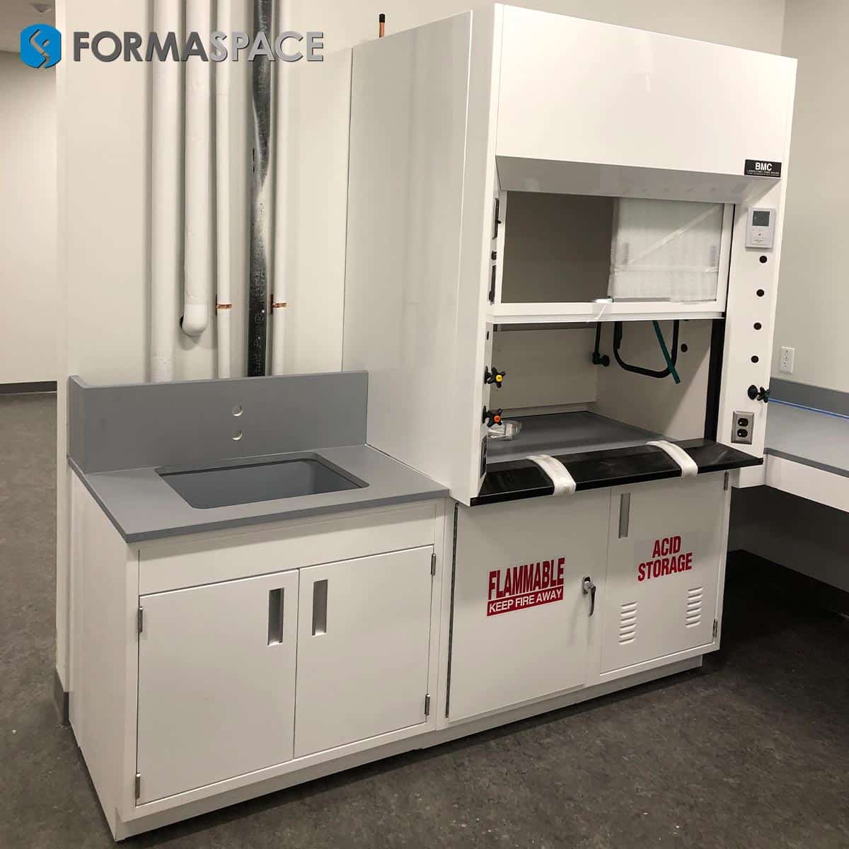 fumehood and acid cabinet casework combo