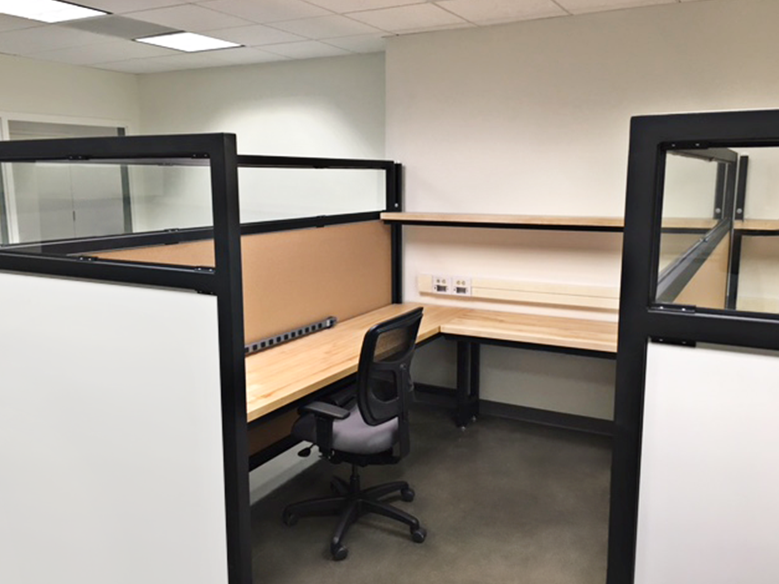 modular cubicle desk with maple butcher block top