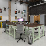 l shape desk with walnut worksurface mint green custom finish