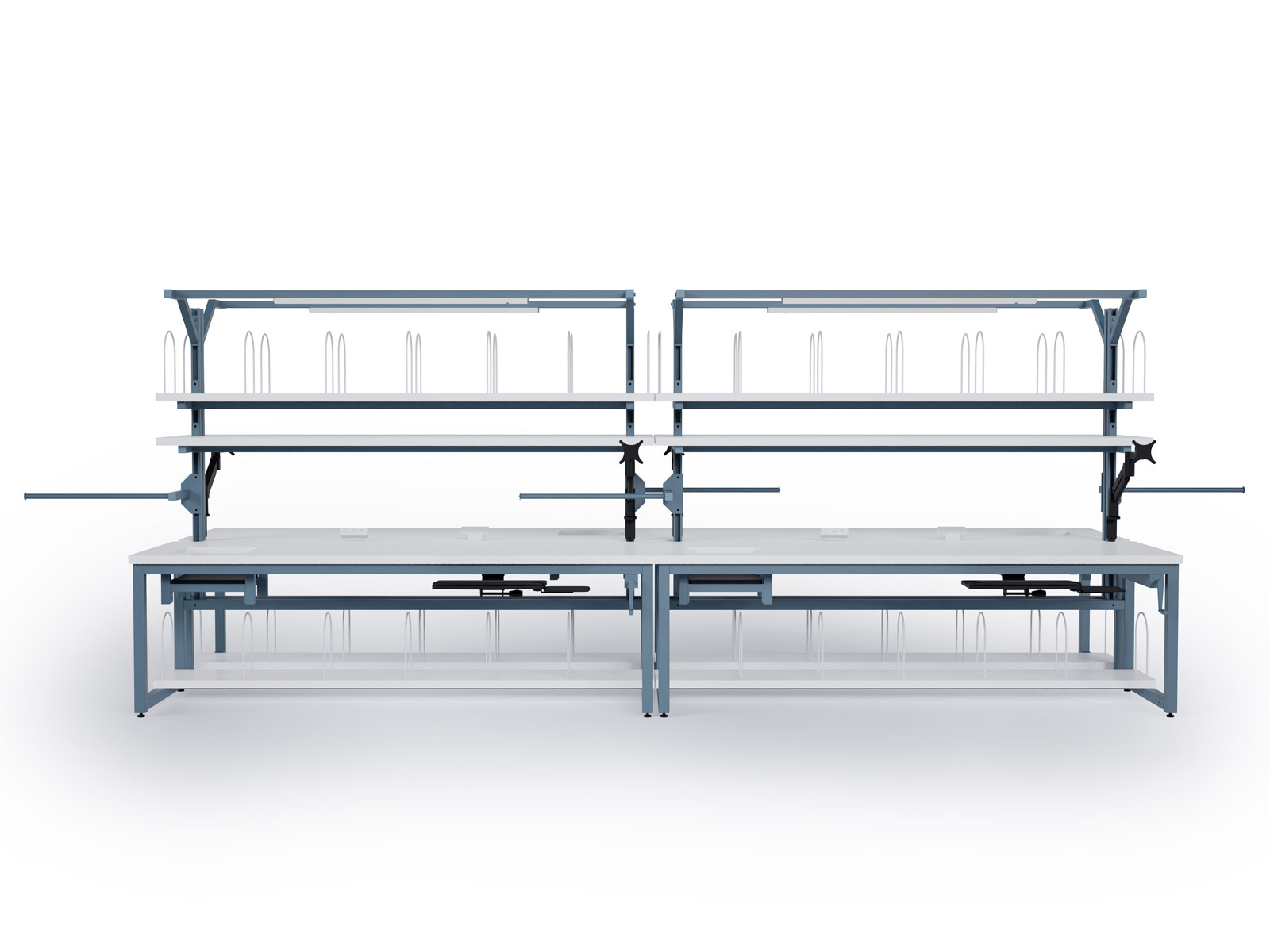 material handling industrial assembly station with white laminate tops on a blue frame