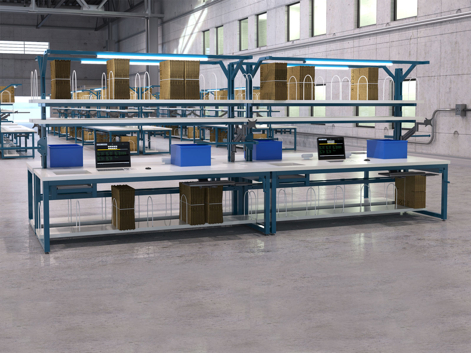 material handling warehouse with custom workbenches