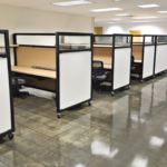 cubicle desk with maple worksurface and upper shelving