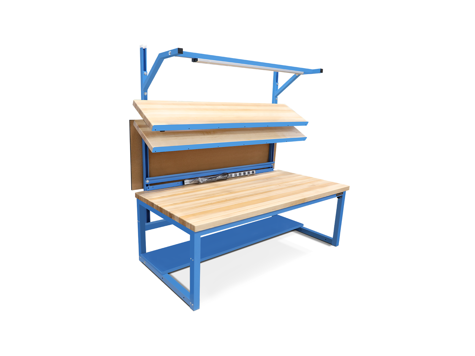 blue workbench with maple top